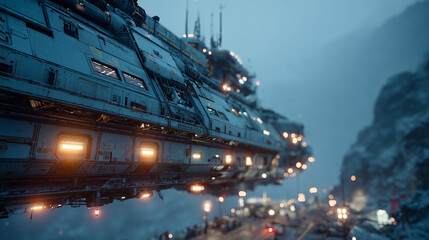 A huge spaceship hovered over the mountain base, its metal hull illuminated by the warm light of its portholes.
