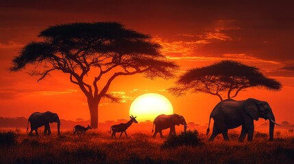 Fototapeta premium African savanna sunset with elephants and antelope