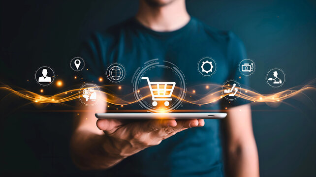 Man holding a digital tablet with a glowing shopping cart icon for an online shopping experience and global e-commerce network.