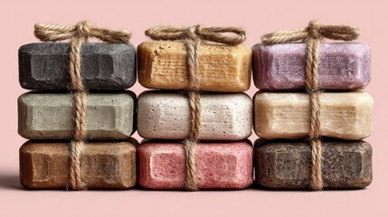 Six stacks of artisan soaps, tied with twine, on a pink background