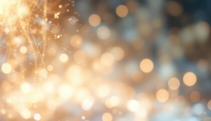 Fototapeta premium Ethereal golden light creates a magical, festive atmosphere, shimmering with sparkling snowflake accents against a soft, blurred background