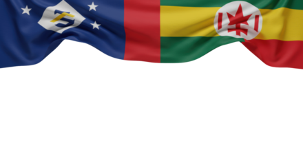 Crisp, high-quality stylized flag fabric with abstract bold primary colors, subtle ripples creating leading lines against transparent studio background. Concept of unity and global excellence