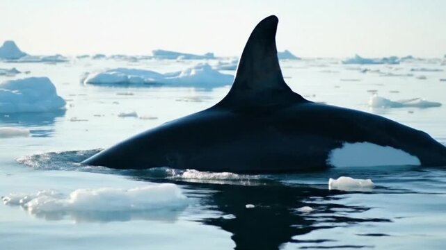 A majestic Orca killer whale surfaces in the frigid, icy waters of its polar habitat, its dorsal fin prominent against the icebergs.