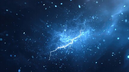 Abstract digital art of a lightning bolt in a dark blue space filled with particles