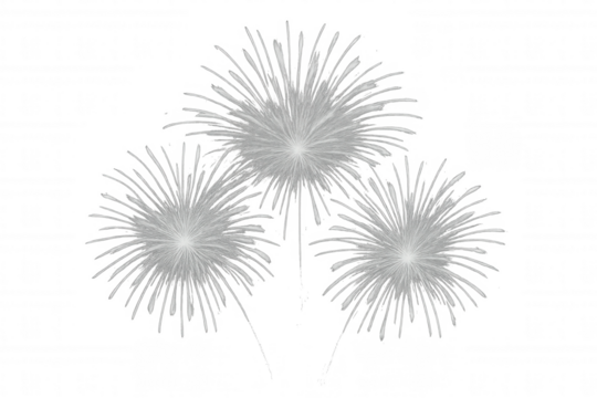 Set of white fireworks exploding in the night sky with transparent background, perfect for celebrations and festive events