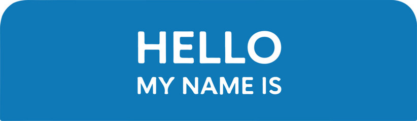 Blue name tag with the text "HELLO MY NAME IS"