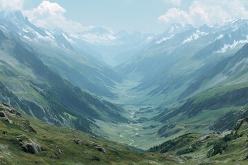 Naklejka premium Mountain valley vista, snow-capped peaks, lush green slopes