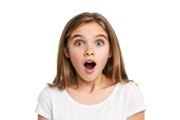 Young girl with surprised expression, wide eyes and open mouth wearing white shirt, isolated on a transparent background