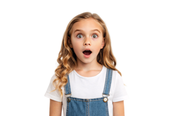 Child with curly blonde hair showing amazement, wearing white top and denim overalls, isolated on a transparent background