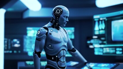 Ultra-realistic humanoid AI robot operating holographic data screens in a futuristic laboratory, cinematic 4K - Powered by Adobe