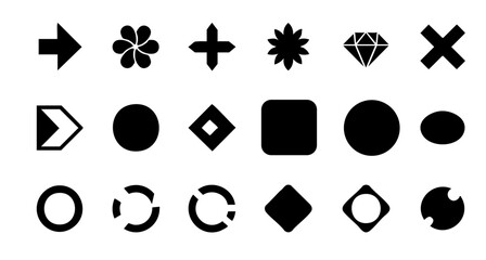 Collection of 20 Black Geometric Icons on White Background in Grid Layout