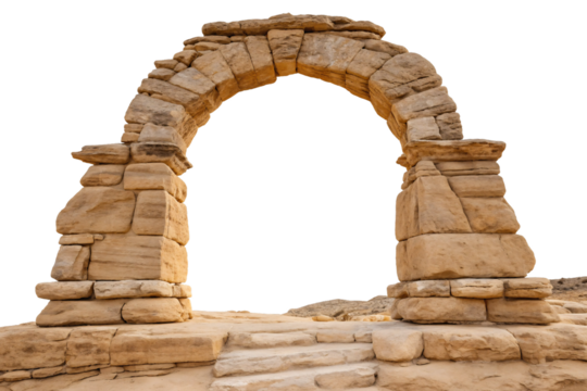 Ancient stone archway made of weathered sandstone blocks creating dramatic architectural entrance, isolated on a transparent background