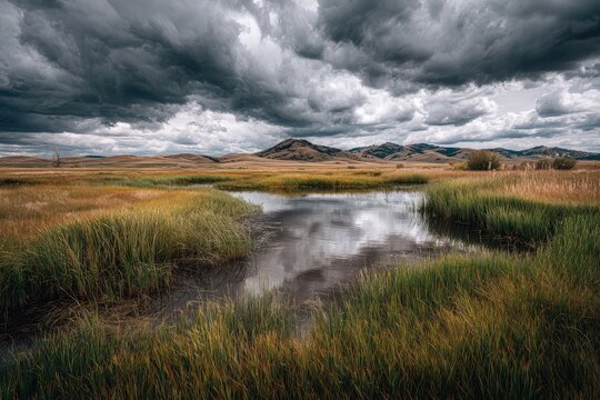 Prairie wetland under dramatic sky