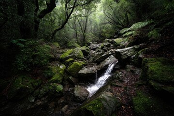 Obraz premium Lush, mossy forest creek with misty light