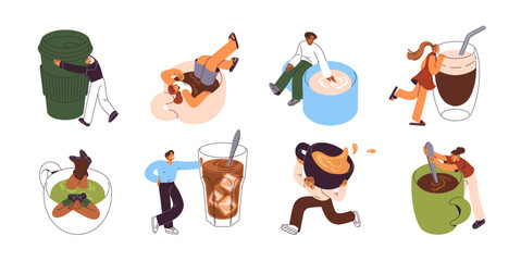 Tiny people with big mugs set. Men and women hold hot beverages, carry teacup of drink. Coffee lovers sit inside huge cups. Girls and boys love tea, cacao. Flat isolated vector illustrations on white