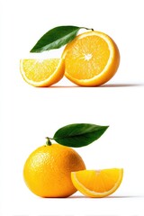 Two whole and halved oranges with leaves