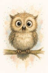 Obraz premium Cute Watercolor Owl with Large Eyes Sitting on Branch in Soft Pastel Background