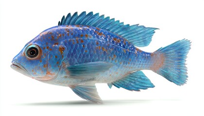 Detailed Blue Fish with Orange Spots on White Background