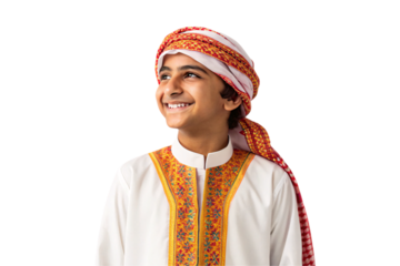 Young Middle Eastern boy in ornate traditional dress with decorative headwrap looking upward thoughtfully, isolated on a transparent background