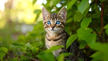 Fototapeta premium Kitten in Green Bush with Summer Sun.