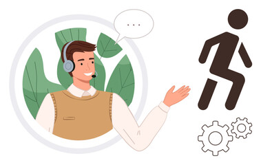 Smiling man with headset offering assistance, speech bubble, abstract user icon, and gears. Ideal for customer support, teamwork, navigation, guidance communication process and efficiency. Simple