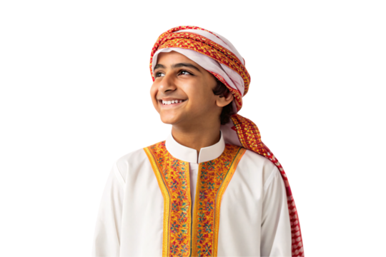 Young Middle Eastern boy in ornate traditional dress with decorative headwrap looking upward thoughtfully, isolated on a transparent background