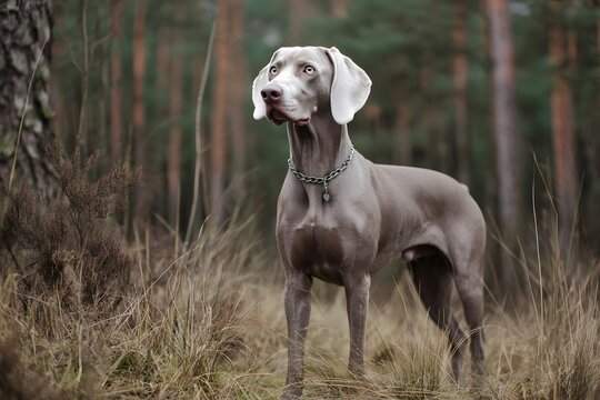 A majestic silver-grey Weimaraner dog with light blue eyes and a chain collar stands alert. - Powered by Adobe