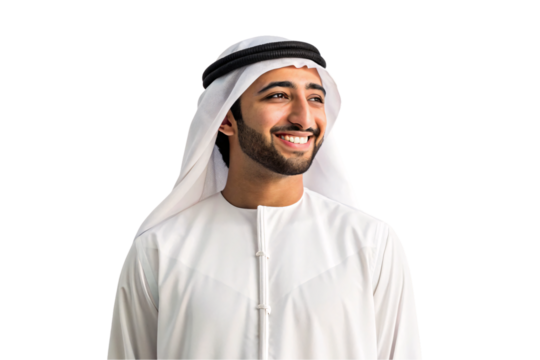 Young Middle Eastern man in traditional white kandura and black agal headband smiling broadly, isolated on a transparent background