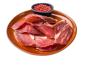 Balkan Prsut prshut, sliced cured pork meat ham on plate isolated on white background. top view