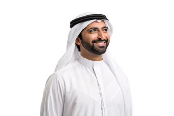 Smiling Middle Eastern man wearing traditional white thobe and keffiyeh headscarf looking upward with joy, isolated on a transparent background