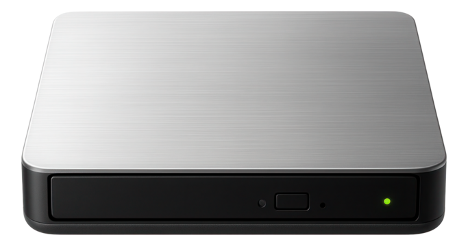 External CD-ROM drive with a compact, square shape and a single activity LED