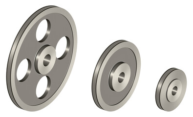V belt pulleys in various sizes. Machine parts. 3D rendering