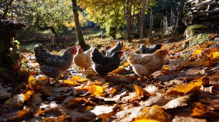 Chickens explore a picturesque woodland path blanketed in fallen autumn leaves during daylight.