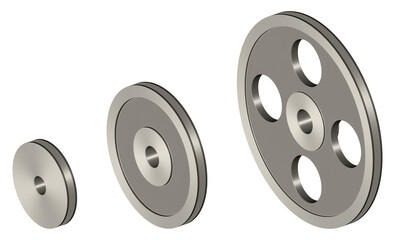 V belt pulleys in various sizes. Machine parts. 3D rendering