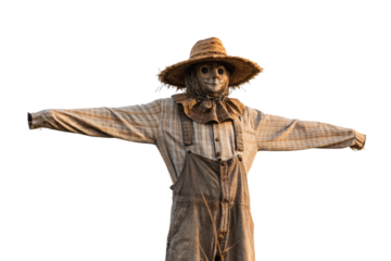 Rustic scarecrow with burlap sack head wearing plaid shirt overalls straw hat with menacing carved smile, isolated on a transparent background