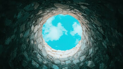 Looking Up Through Stone Well Opening Toward Bright Blue Sky and White Clouds Above