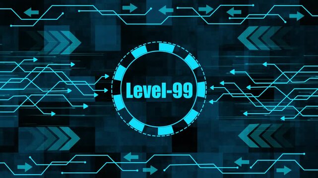 Futuristic Level 99 Achievement H U D Interface with Neon Blue Arrows and Digital Data Flow