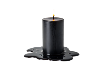 Short black candle burning with flame and melted wax puddle spreading underneath base, isolated on a transparent background
