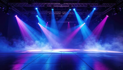 A Vivid and Theatrical Stage with Dynamic Lighting Effects and Atmospheric Haze Creating a Sense of Anticipation