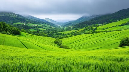 Obraz premium Lush Green Rolling Hills with Cloudy Sky and Mountain Background in Vibrant Landscape