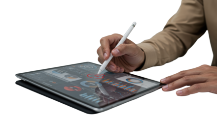 A neutral hand in business casual attire holds a stylus, making a bold red circle mark on a tablet screen with business data on a modern desk surface, concept of strategic analysis