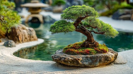Fototapeta premium A bonsai tree sits on a stone base in a zen garden.
