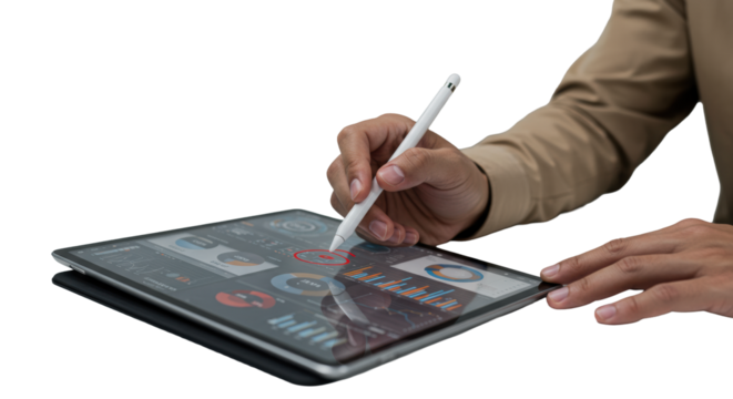 A neutral hand in business casual attire holds a stylus, making a bold red circle mark on a tablet screen with business data on a modern desk surface, concept of strategic analysis
