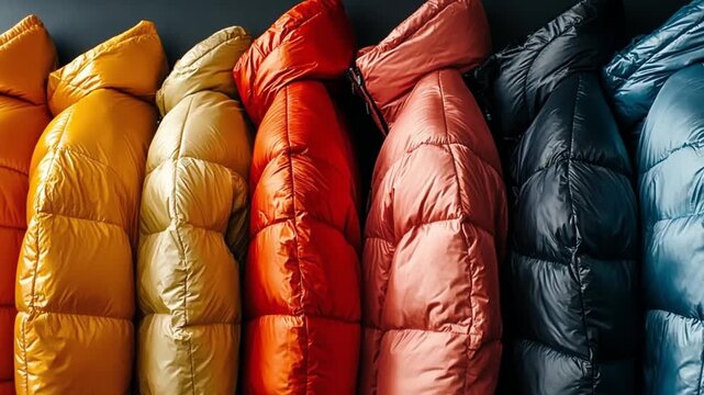 Hanging warm, puffy winter jackets in vibrant colors like orange, blue, pink, and beige, ready to embrace the cold weather ahead