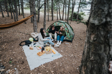 Friends gather in a serene forest setting, sharing food and moments, embodying the spirit of adventure and togetherness. The scene highlights nature, camaraderie, and outdoor enjoyment.