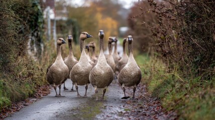 Fototapeta premium A group of geese strolls down a narrow country road lined with autumn foliage.
