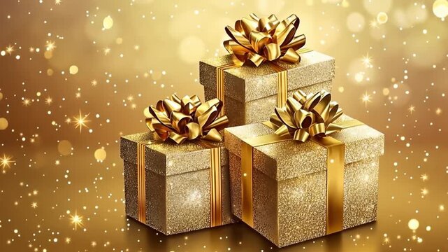 Sparkling golden gift boxes with ribbons on a festive gold background create a luxurious Christmas atmosphere