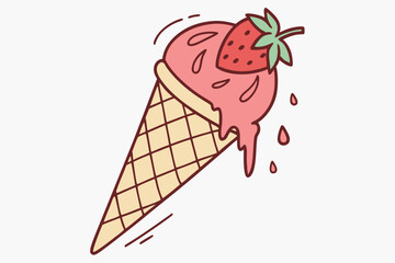 Cute Pink Strawberry Ice Cream Cone with Dripping Syrup on White Background