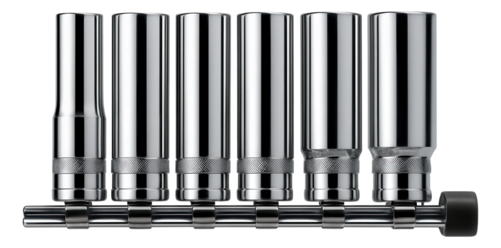 Six-piece metric socket set with deep sockets for construction equipment servicing.