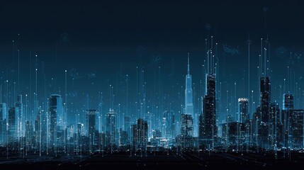 Digital cityscape at night, glowing lines